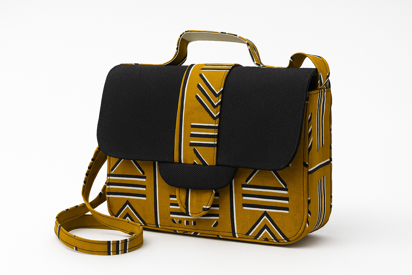 Sac à main en tissu africain – Bandoulière wax moutarde et noir – Fait main