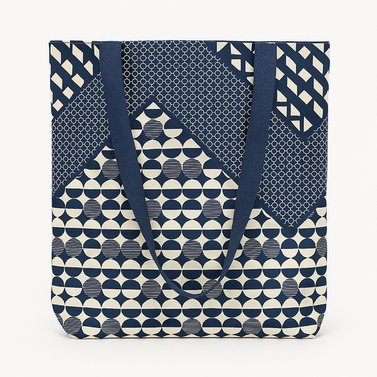 Sac wax doublé bleu et blanc à motifs géométriques - sac cabas en wax - Tote bag