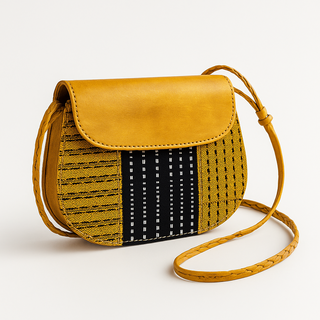 Sac en cuir et pagne tissé africain – sac artisanal femme – sac bandoulière ethnique – sac fait main en cuir véritable – idée cadeau bohème