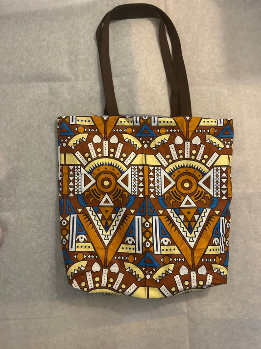 Sac wax doublé géométrique  marron -  sac shopper moderne - Tote bag africain en tissu wax - Cabas artisanal fait main